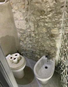 a stone bathroom with a toilet and a sink at Appartamento Centrale Apeneste in Vieste