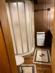 a bathroom with a shower and a toilet and rugs at Le vieux chalet in La Forclaz