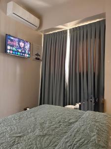 a bedroom with a bed and a tv and a window at Ocean View Escape at The Mactan Newtown in Punta Engaño +9 photos