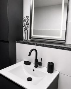 a white bathroom sink with a mirror and a sink at Ferienhaus Schieferland in Müllenbach +29 photos