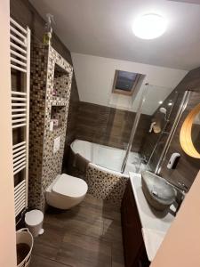 a bathroom with a tub and a toilet and a sink at Hiša Čebron in Podnart +14 photos