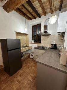 a kitchen with a black refrigerator and a counter at Il Nido in Anghiari