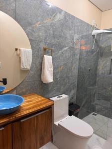 a bathroom with a toilet and a sink and a mirror at Pousada Safari do Jaguar in Poconé