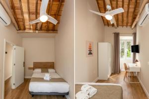 a bedroom with two beds and two ceiling fans at Hospedería Boho Granada by eme hoteles in La Zubia