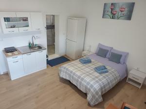 a small bedroom with a bed and a kitchen at Udobna Soba Sa Prelepim Pogledom #4 in Mladenovac