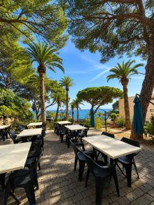 a row of tables and chairs with palm trees at Hotel VTF Clairefont - Bandol in Bandol