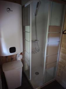 a shower with a glass door in a bathroom at La chaumière ensorcelée in Anor