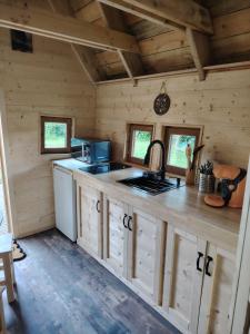 a kitchen in a log cabin with a sink and a stove at La chaumière ensorcelée in Anor