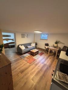 a living room with a couch and a table at Small 45 M² Apartment in Bad Kreuznach