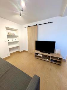 a living room with a flat screen tv on a entertainment center at Studio avec Wi-Fi, à 5mn de la Centrale du Bugey in Loyettes +3 photos