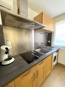 a kitchen with a sink and a stove at Studio avec Wi-Fi, à 5mn de la Centrale du Bugey in Loyettes