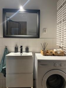 a bathroom with a sink and a washing machine at Apartament Królewiecka in Płock +11 photos