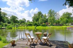 a table and chairs sitting next to a lake at Ferienhaus Reiseoase in Bützow