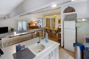 a kitchen and living room with a sink and a refrigerator at Le Mas de la Rode in Saumane