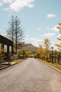 a road with a building and trees and a hill at The Forest Loft in Drumsurn