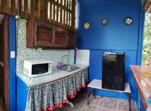 eine Küche mit Arbeitsfläche, Mikrowelle und Spüle in der Unterkunft Apto 5 in Cartago