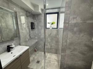 a bathroom with a shower and a sink at Spacious one bedroom flat- super fast Wifi - slp4 -SHIP02 in Brighton & Hove