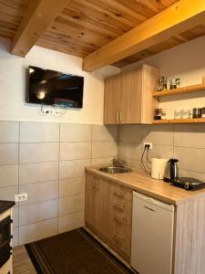 a small kitchen with wooden cabinets and a sink at Bungalows Ivan in Žabljak