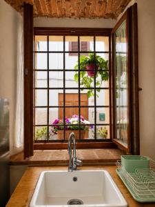 a kitchen sink in front of a window with flowers at Residenza Vittoria nell'Antico Borgo in Piombino