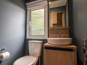 a bathroom with a toilet and a sink and a window at The Pines 2 Bedrooms in Northwich