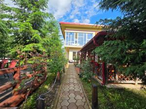 a house with a walkway in front of it at Pensiune Excelenta in Vermeşti