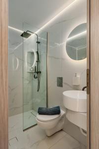 a bathroom with a shower and a toilet and a sink at The Luxe Residence in episkopi-chania