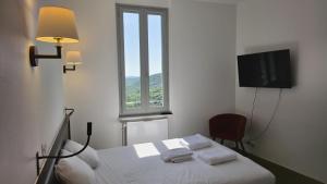 a bedroom with a bed and a tv and a window at L'hostellerie de la vallée in Gimel +25 photos
