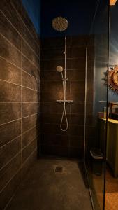 a bathroom with a shower with a glass door at Studio Rétro in Tournus