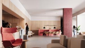 a lobby with red chairs and a dining room at Moov Hotel Matosinhos Sul in Matosinhos