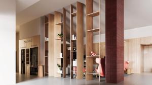 a lobby with wooden shelves and a pillar at Moov Hotel Matosinhos Sul in Matosinhos +20 photos