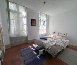 a bedroom with a bed and two windows at Orphé37, grand appartement cocon au cœur de la Gascogne artistique in Lectoure