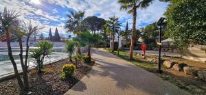 a walkway with palm trees on the side of a street at Mobil home 6 personnes confort Océan climatisé camping avec piscine Agde in Agde