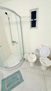 a white bathroom with a toilet and a shower at Posada PuntaDelEste in Punta del Este