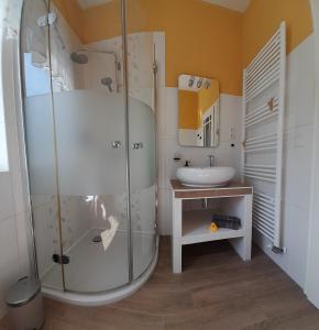a bathroom with a shower and a sink at Sandstein-Oase in Reinhardtsdorf +8 photos