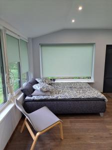 a bedroom with a bed and a chair and a window at Amber in Ragaciems