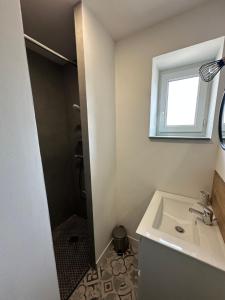 a bathroom with a sink and a shower with a window at Résidence le 1564 Vert in Roussillon en Isere