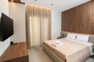 a bedroom with a bed and a flat screen tv at ELYSIAN luxury apartments in Paliouri