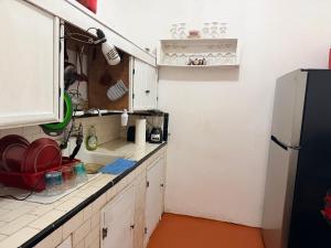 a small kitchen with white cabinets and a refrigerator at Casa-Museo centro de Caguas in Caguas