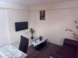 a living room with a table and a tv at Mountain View Apartments in Gros Islet