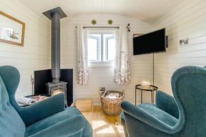 a living room with two blue chairs and a fireplace at 1 Bed in Knighton oc-51898 in Beguildy