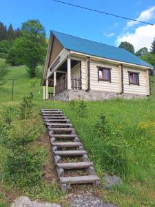 a wooden house with steps leading to a building at Лісовий котедж in Synevyrsʼka Polyana