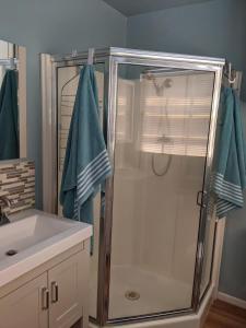a bathroom with a shower and a sink at Backyard Bungalow private guest house in Riverside