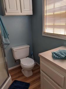 a bathroom with a toilet and a sink and a window at Backyard Bungalow private guest house in Riverside