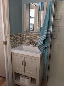 a bathroom with a sink and a mirror at Backyard Bungalow private guest house in Riverside