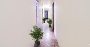 a corridor with potted plants in a hallway at Hotel Amaravathi Residency in Guntūr