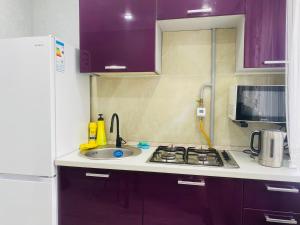 a kitchen with a sink and a stove and purple cabinets at Elegant Home Apart in Karagandy