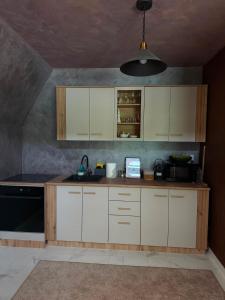 a kitchen with white cabinets and a black stove at LaMonte Retreat in Brezoi