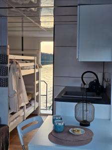 a kitchen with a sink and a stove in a boat at Houseboat Bella in Tereszewo