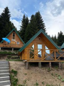 a large wooden house with a blue surfboard on it at KOMOVI - Dream house - 2 in Andrijevica