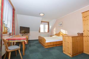 a bedroom with a bed and a desk and a tv at Wildwiesenhof in Miesenbach